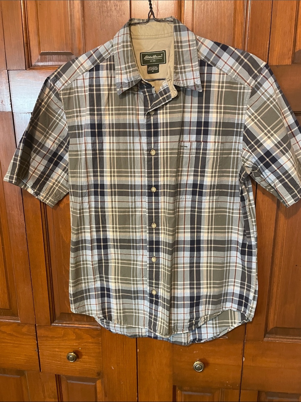 Eddie Bauer Men's Short-Sleeve Plaid Shirt - Olive/Navy/Gray Sz Medium.